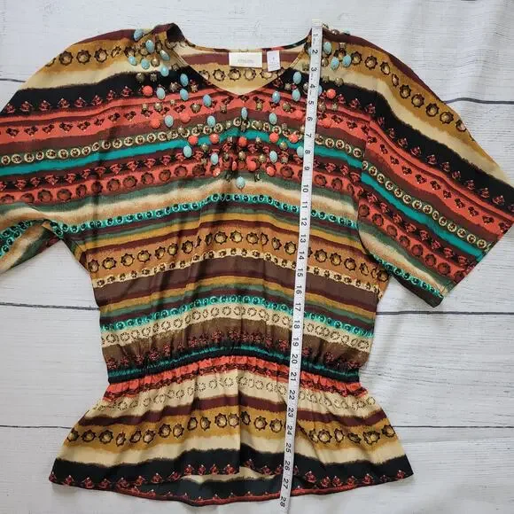 Chico's Size 1 US M Southwest Art to Wear Rock Embellished Gathered Waist Top - Picture 7 of 11